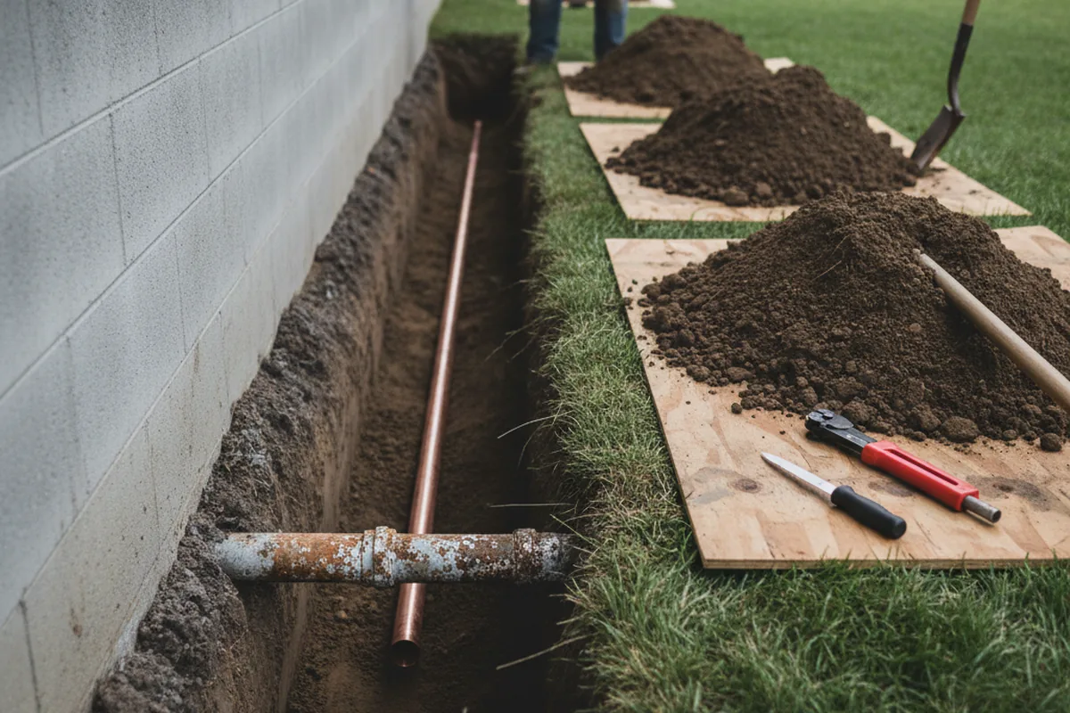 Excavated water line trench during Sewer Line Repair in Huntsville